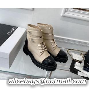 Best Price Chanel Leather Lace-up Ankle Boots with CC Strap Beige 112815