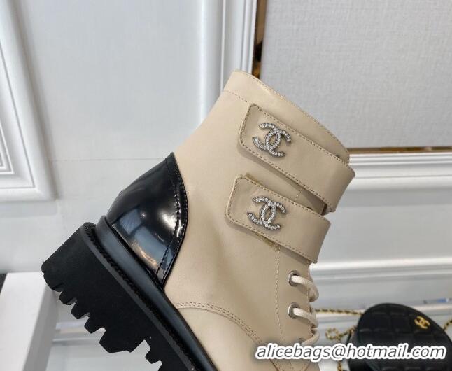 Best Price Chanel Leather Lace-up Ankle Boots with CC Strap Beige 112815