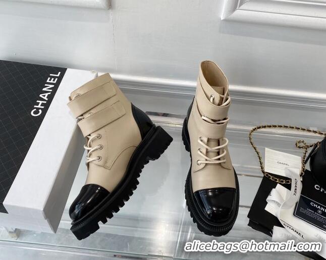 Best Price Chanel Leather Lace-up Ankle Boots with CC Strap Beige 112815