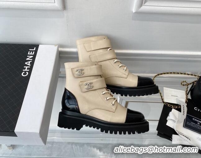 Best Price Chanel Leather Lace-up Ankle Boots with CC Strap Beige 112815