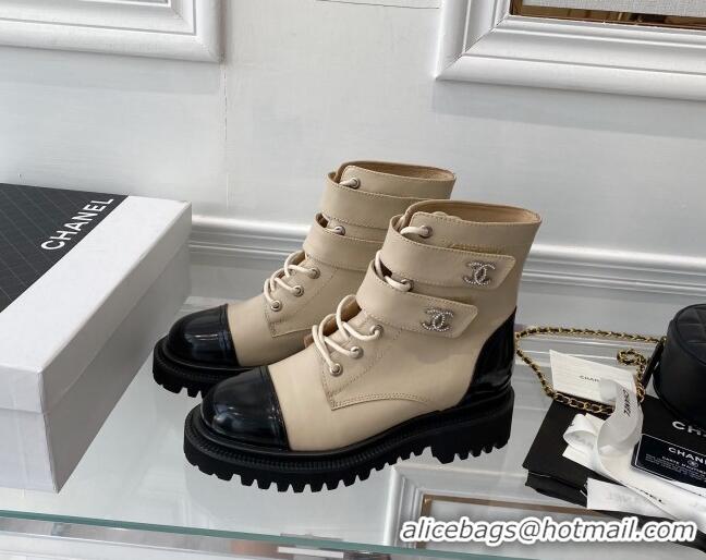 Best Price Chanel Leather Lace-up Ankle Boots with CC Strap Beige 112815