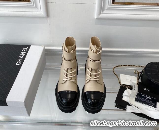 Best Price Chanel Leather Lace-up Ankle Boots with CC Strap Beige 112815