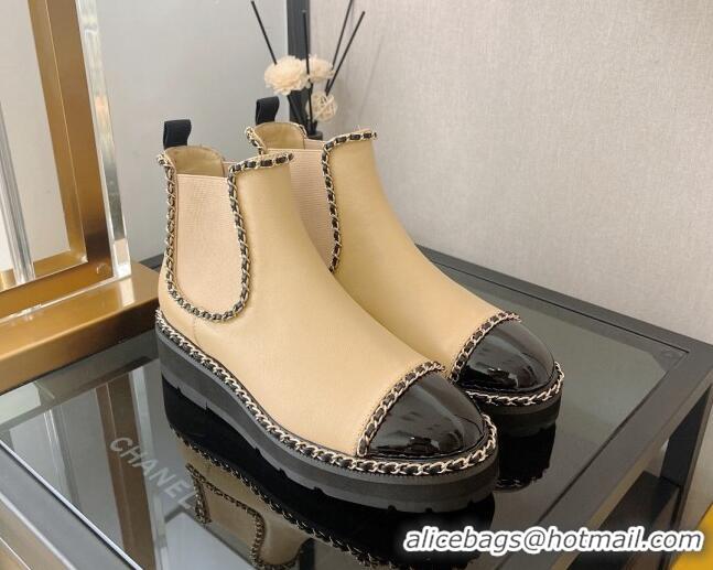 Most Popular Chanel Lambskin Ankle Chelsea Boots with Chain Beige 112822