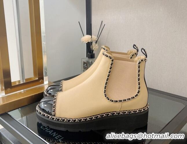 Most Popular Chanel Lambskin Ankle Chelsea Boots with Chain Beige 112822