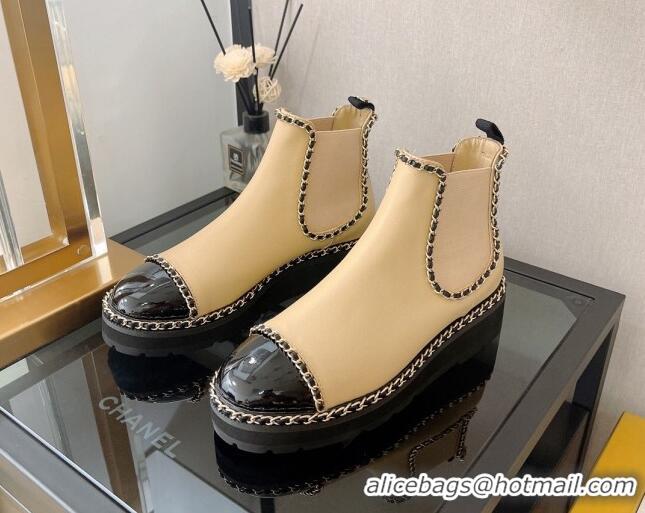 Most Popular Chanel Lambskin Ankle Chelsea Boots with Chain Beige 112822