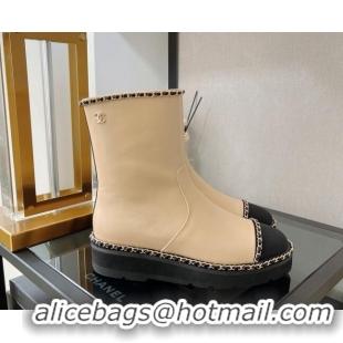 Shop Cheap Chanel Lambskin Ankle Boots with Chain Trim Beige 112825