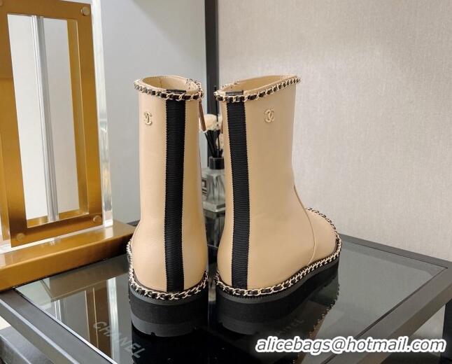 Shop Cheap Chanel Lambskin Ankle Boots with Chain Trim Beige 112825