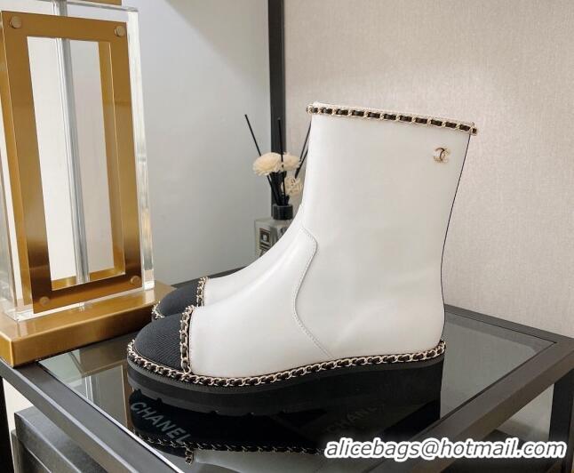 Luxury Chanel Lambskin Ankle Boots with Chain Trim White 112826