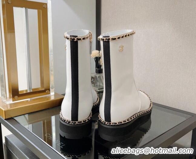 Luxury Chanel Lambskin Ankle Boots with Chain Trim White 112826