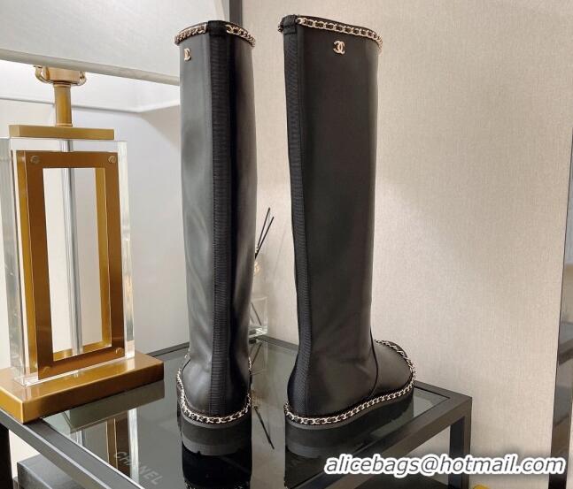 Hot Style Chanel Lambskin High Boots with Chain Trim Black 112830