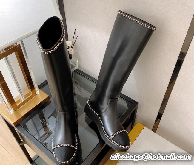 Hot Style Chanel Lambskin High Boots with Chain Trim Black 112830