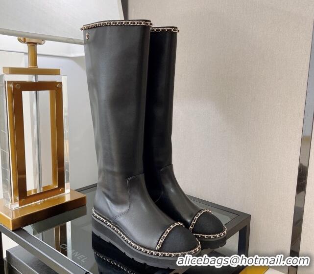 Hot Style Chanel Lambskin High Boots with Chain Trim Black 112830