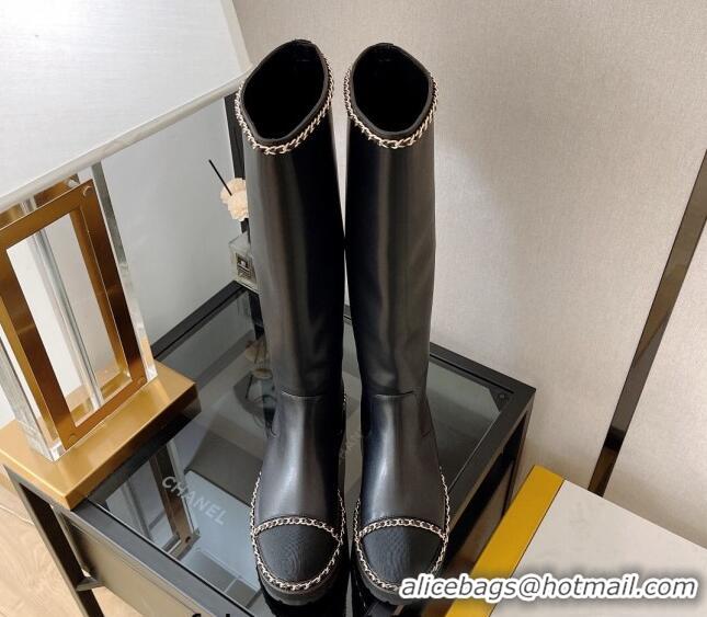 Hot Style Chanel Lambskin High Boots with Chain Trim Black 112830