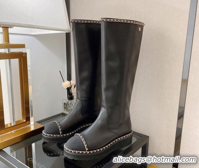 Hot Style Chanel Lambskin High Boots with Chain Trim Black 112830