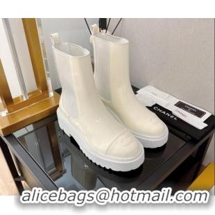 Pretty Style Chanel Patent Calfskin Ankle Chelsea Boots All White 112833