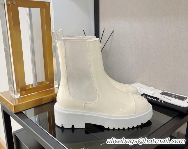 Pretty Style Chanel Patent Calfskin Ankle Chelsea Boots All White 112833