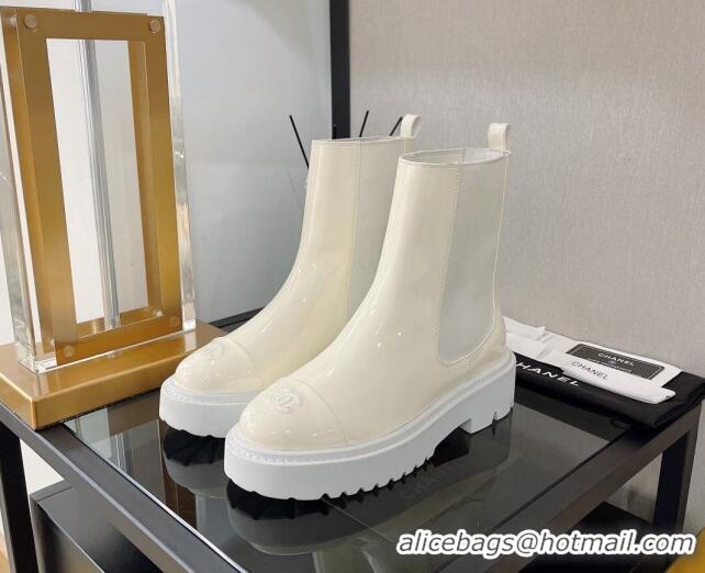 Pretty Style Chanel Patent Calfskin Ankle Chelsea Boots All White 112833