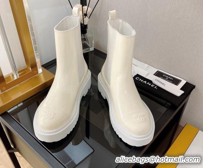 Pretty Style Chanel Patent Calfskin Ankle Chelsea Boots All White 112833