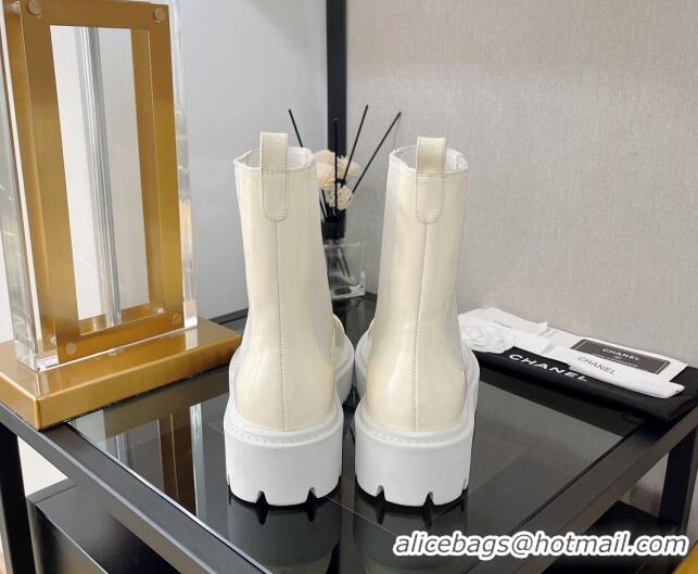 Pretty Style Chanel Patent Calfskin Ankle Chelsea Boots All White 112833