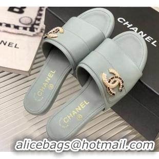 Stylish Chanel Leather Flat Slide Sandals with CC Charm Dusty Blue 112834