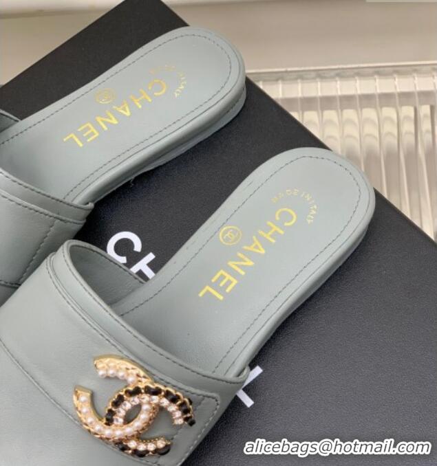 Stylish Chanel Leather Flat Slide Sandals with CC Charm Dusty Blue 112834