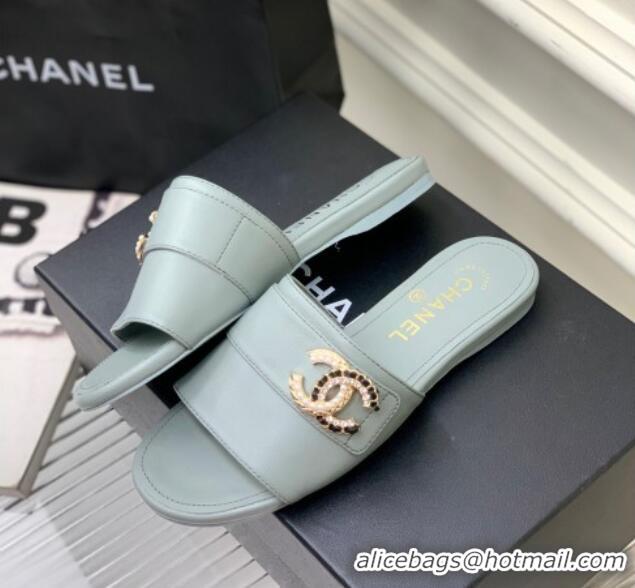 Stylish Chanel Leather Flat Slide Sandals with CC Charm Dusty Blue 112834