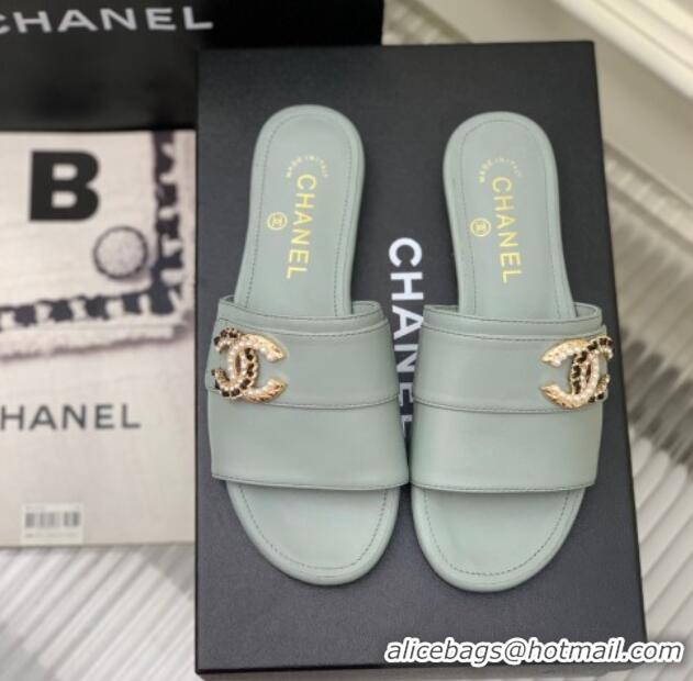 Stylish Chanel Leather Flat Slide Sandals with CC Charm Dusty Blue 112834