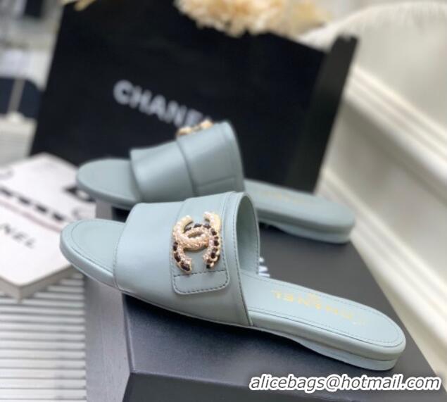 Stylish Chanel Leather Flat Slide Sandals with CC Charm Dusty Blue 112834