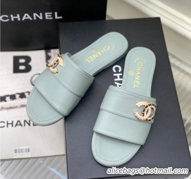 Stylish Chanel Leather Flat Slide Sandals with CC Charm Dusty Blue 112834