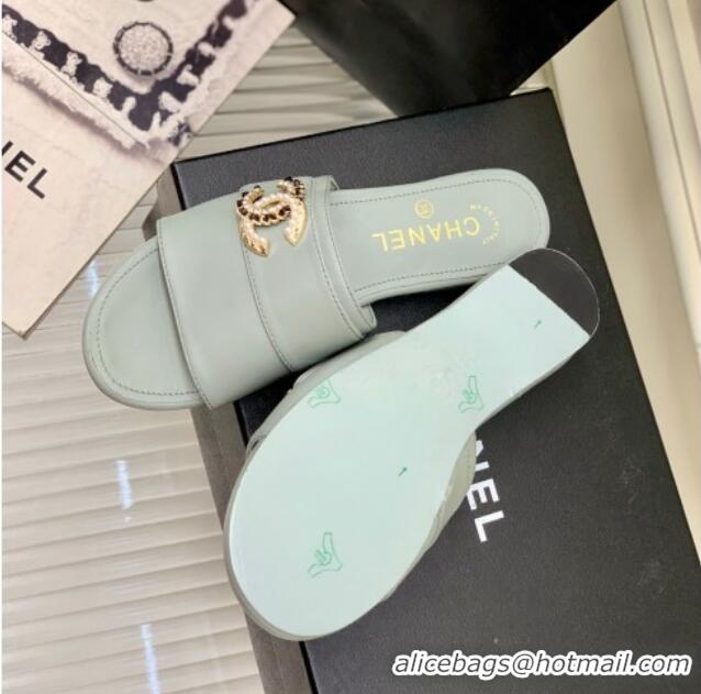 Stylish Chanel Leather Flat Slide Sandals with CC Charm Dusty Blue 112834