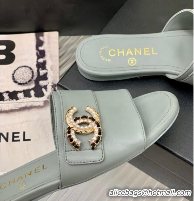 Stylish Chanel Leather Flat Slide Sandals with CC Charm Dusty Blue 112834