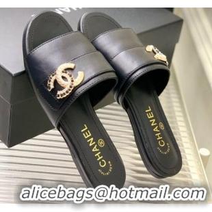 Discount Chanel Leather Flat Slide Sandals with CC Charm Black 112835