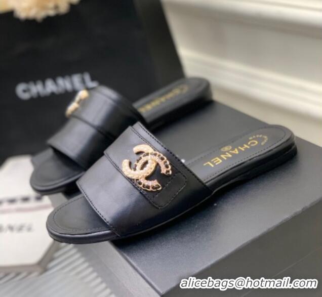 Discount Chanel Leather Flat Slide Sandals with CC Charm Black 112835