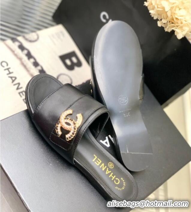 Discount Chanel Leather Flat Slide Sandals with CC Charm Black 112835