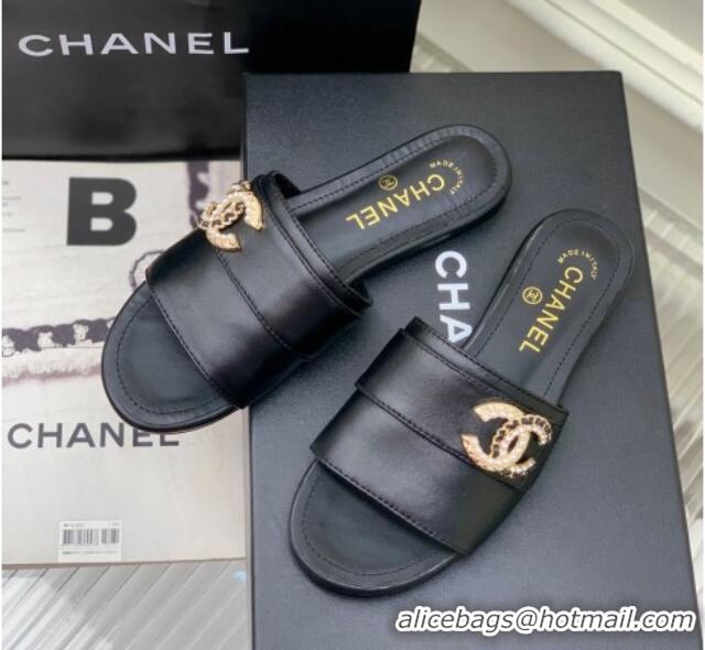 Discount Chanel Leather Flat Slide Sandals with CC Charm Black 112835