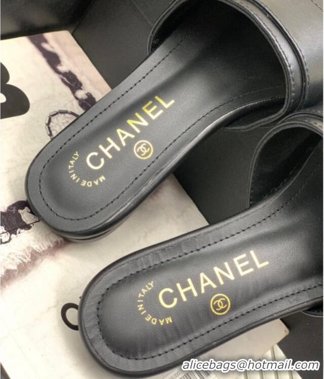 Discount Chanel Leather Flat Slide Sandals with CC Charm Black 112835