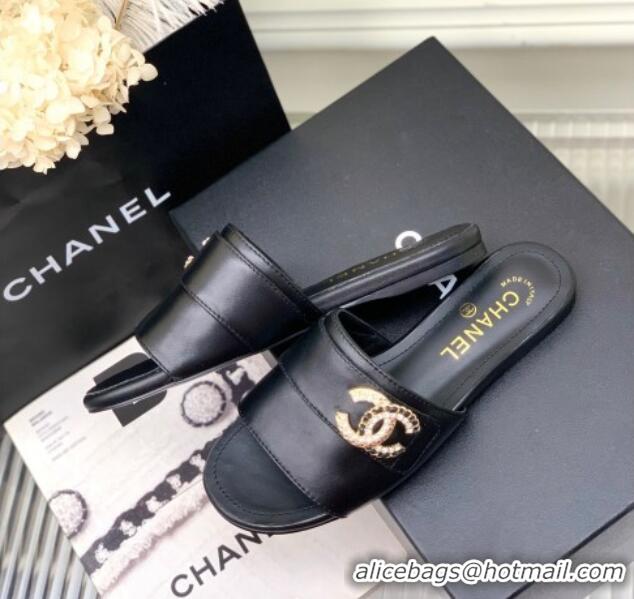 Discount Chanel Leather Flat Slide Sandals with CC Charm Black 112835