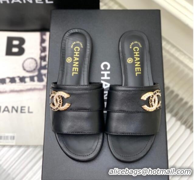 Discount Chanel Leather Flat Slide Sandals with CC Charm Black 112835