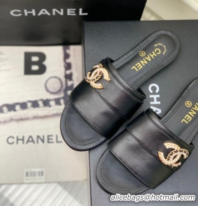 Discount Chanel Leather Flat Slide Sandals with CC Charm Black 112835