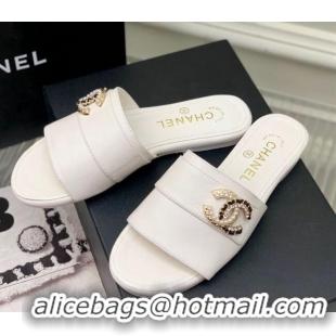 Classic Hot Chanel Leather Flat Slide Sandals with CC Charm White 112836