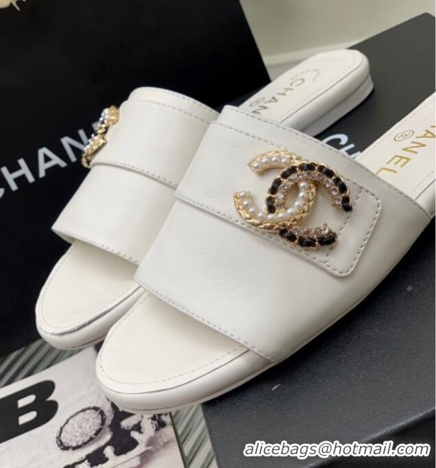 Classic Hot Chanel Leather Flat Slide Sandals with CC Charm White 112836