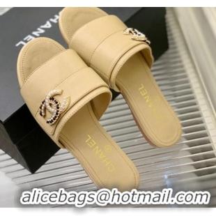 Unique Style Chanel Leather Flat Slide Sandals with CC Charm Beige 112837