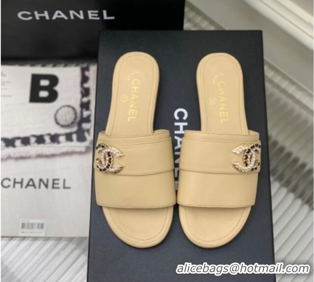 Unique Style Chanel Leather Flat Slide Sandals with CC Charm Beige 112837