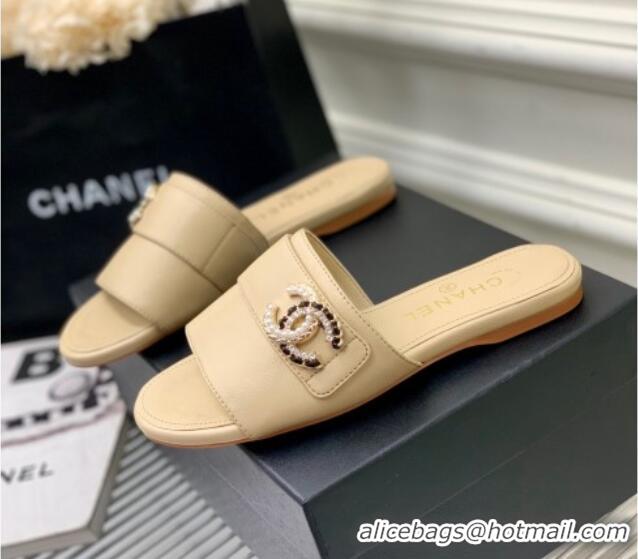 Unique Style Chanel Leather Flat Slide Sandals with CC Charm Beige 112837