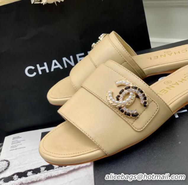 Unique Style Chanel Leather Flat Slide Sandals with CC Charm Beige 112837