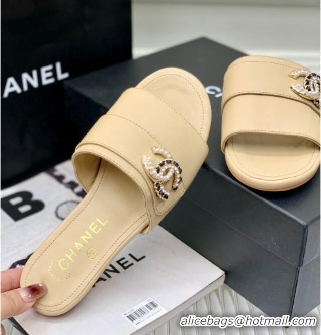 Unique Style Chanel Leather Flat Slide Sandals with CC Charm Beige 112837