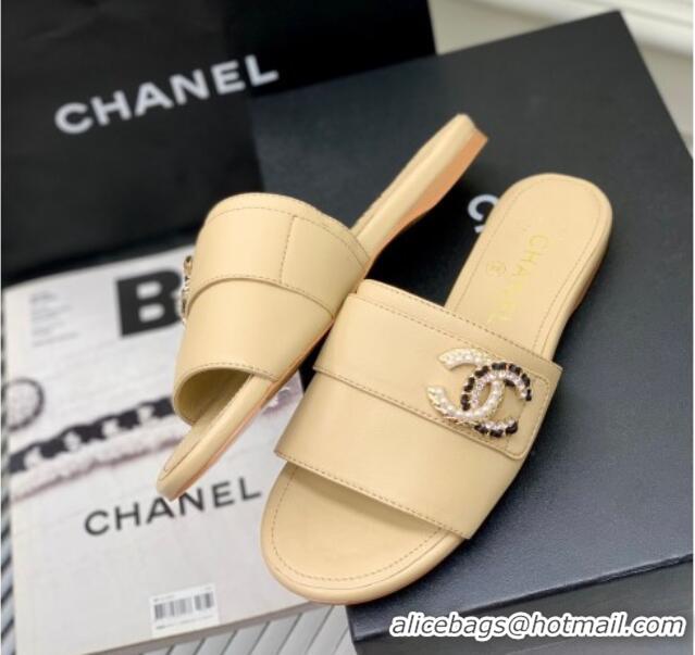 Unique Style Chanel Leather Flat Slide Sandals with CC Charm Beige 112837