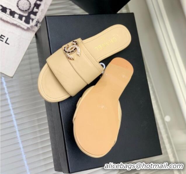 Unique Style Chanel Leather Flat Slide Sandals with CC Charm Beige 112837