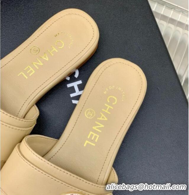 Unique Style Chanel Leather Flat Slide Sandals with CC Charm Beige 112837