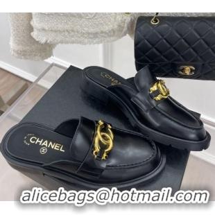 Purchase Chanel Shiny Calfskin Flat Mules with Metal CC Black 112838